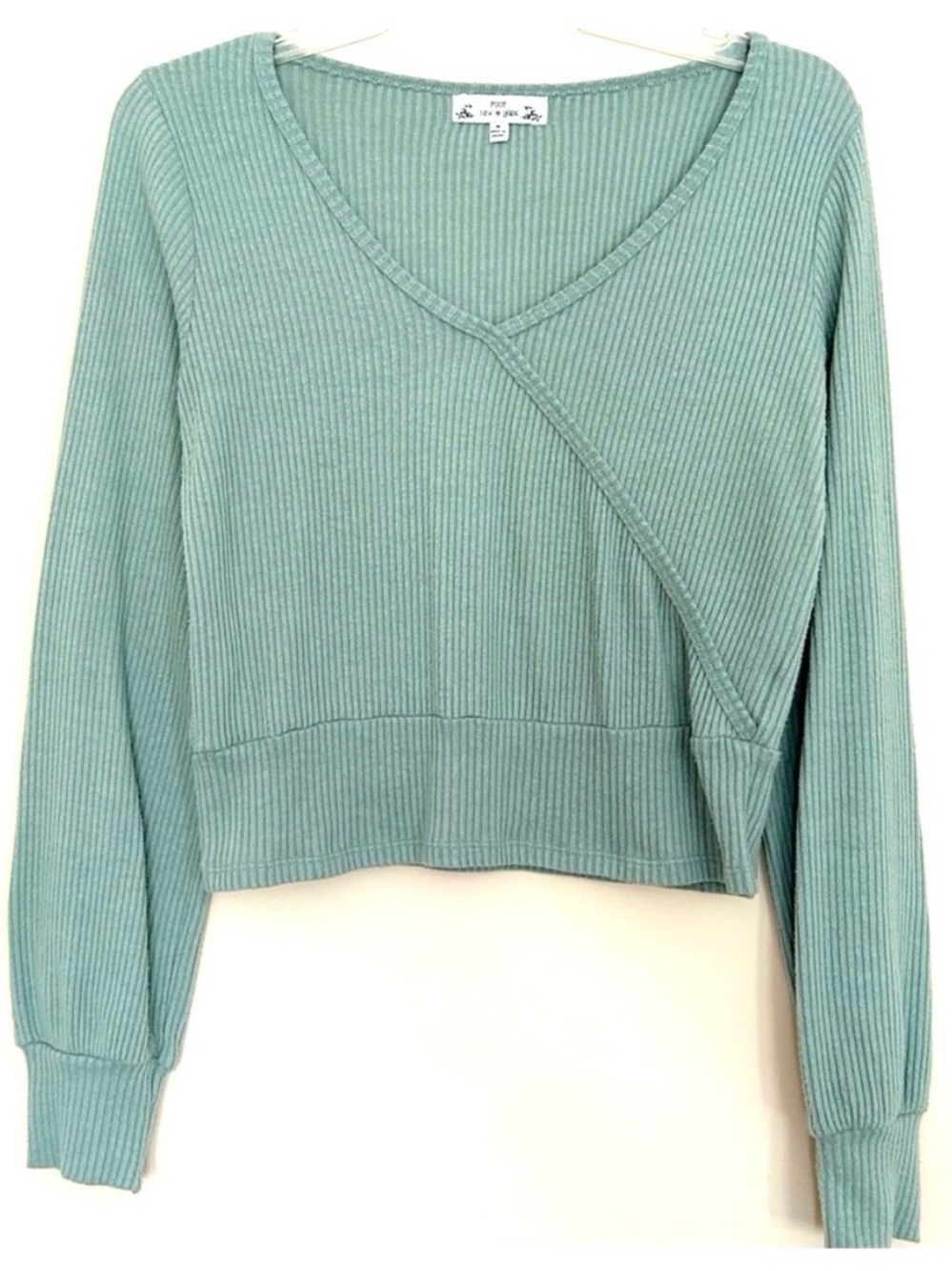 Poof! Women’s New York Ribbed Knit Sweater in Soft Pastel Green